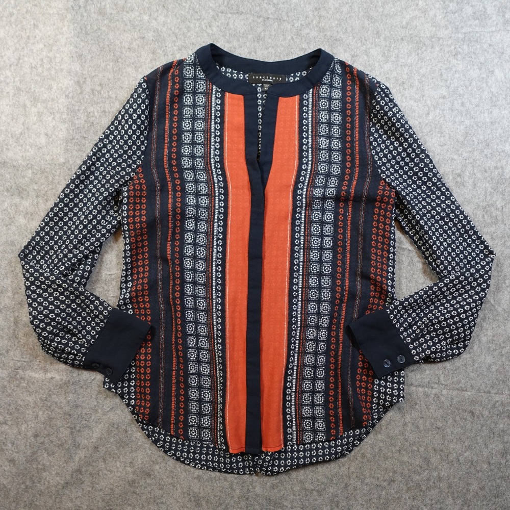 Sanctuary Top Womens Extra Small Navy Blue Orange Floral Button Front Blouse